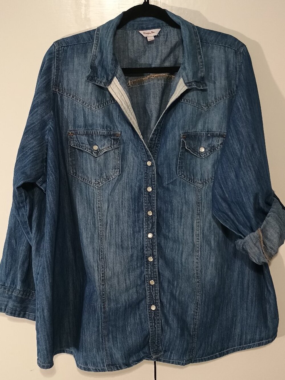 Simply Be Chambray Denim Button Front Western Shirt Plus Size Roll Tab Sleeve - Picture 2 of 13